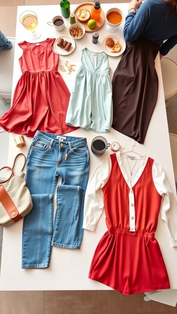 A collection of brunch outfits displayed on a table with accessories, set against a vibrant brunch backdrop.